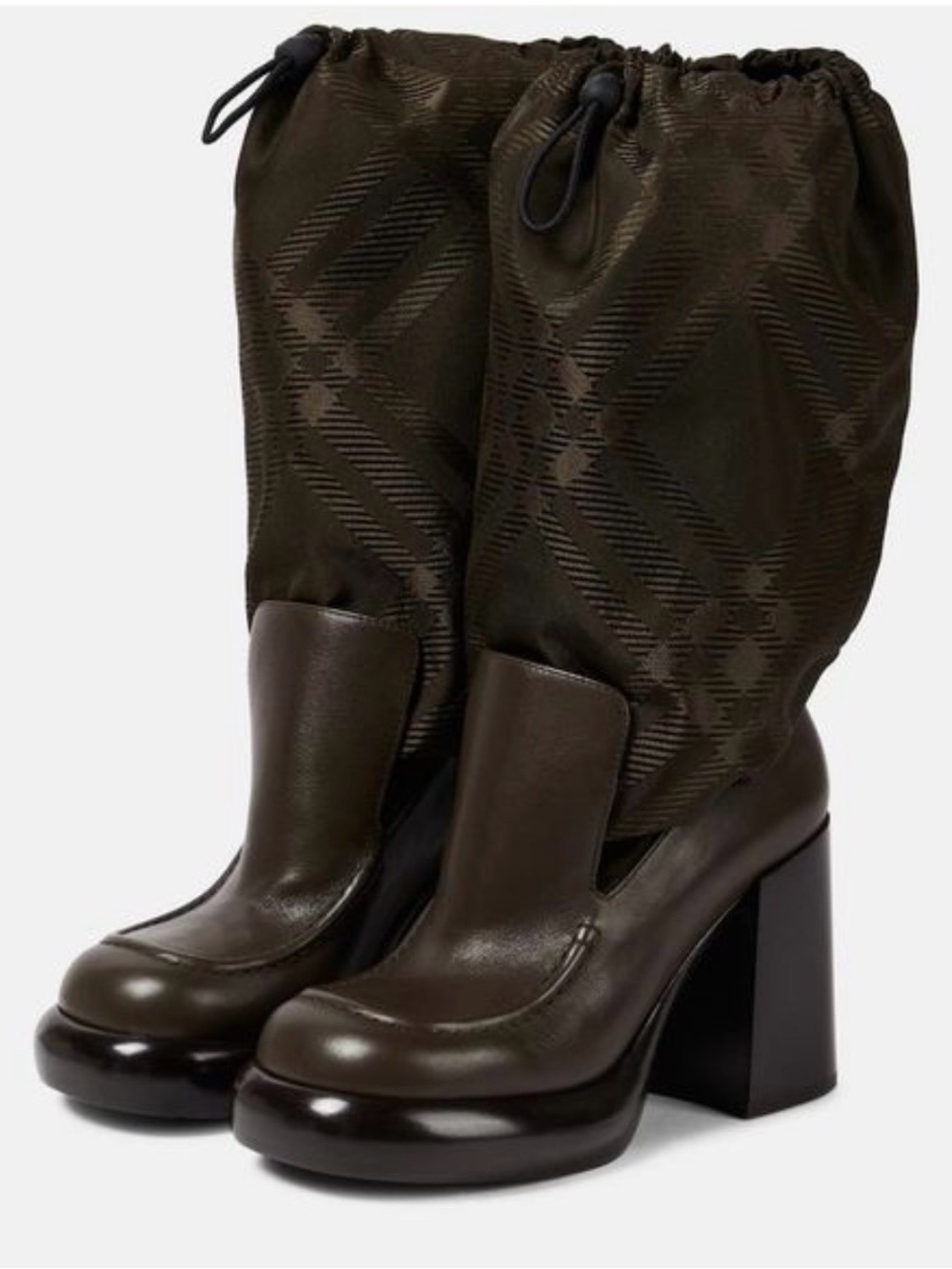 Burberry Olive Brown Patterned Pull-On Heeled Boots